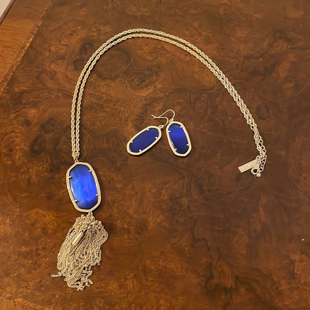Kendra Scott pendant necklace and matching Elle earrings in royal blue.